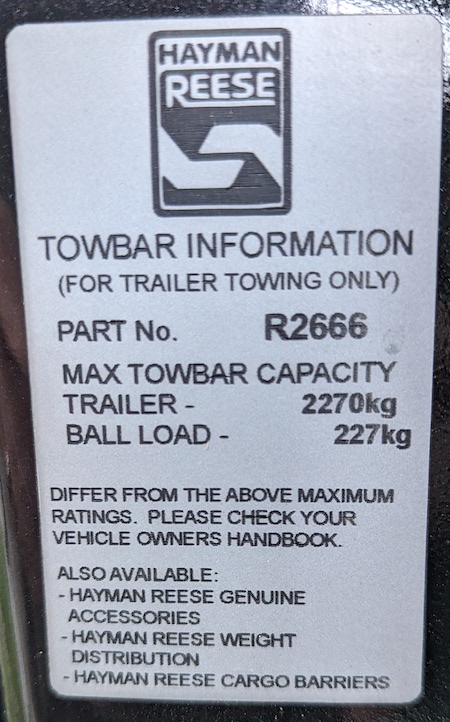 Reese Towbar Information maximum weight plate