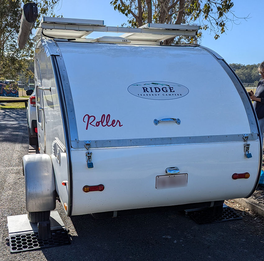 Image of a Ridge Teardrop Camper caravan being weighed in Tallebudgera Valley.