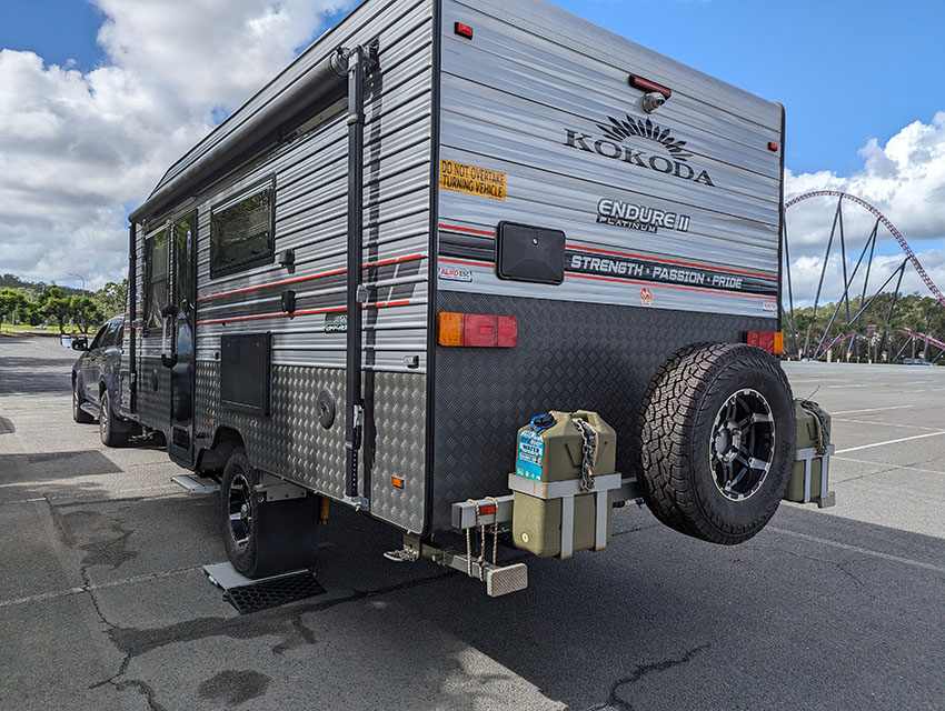 Caravan being weighed on scales at Movieworld at Oxenford at Queensland's Gold Coast